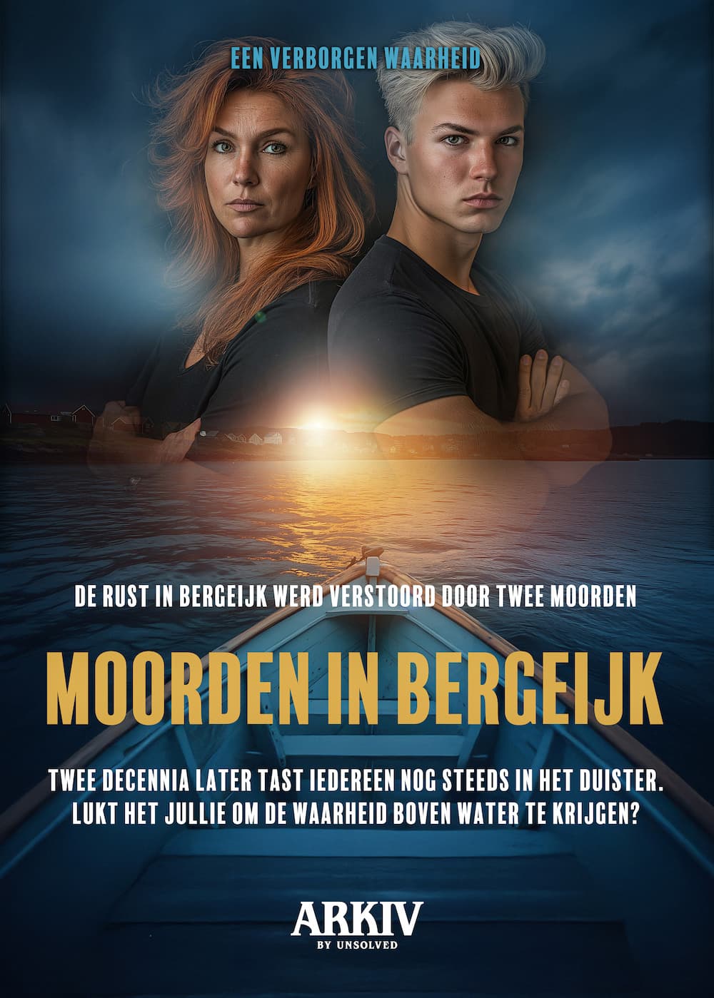 Moorden in Bergeijk van Arkiv by Unsolved met twee personen boven een kustlandschap bij zonsondergang.
